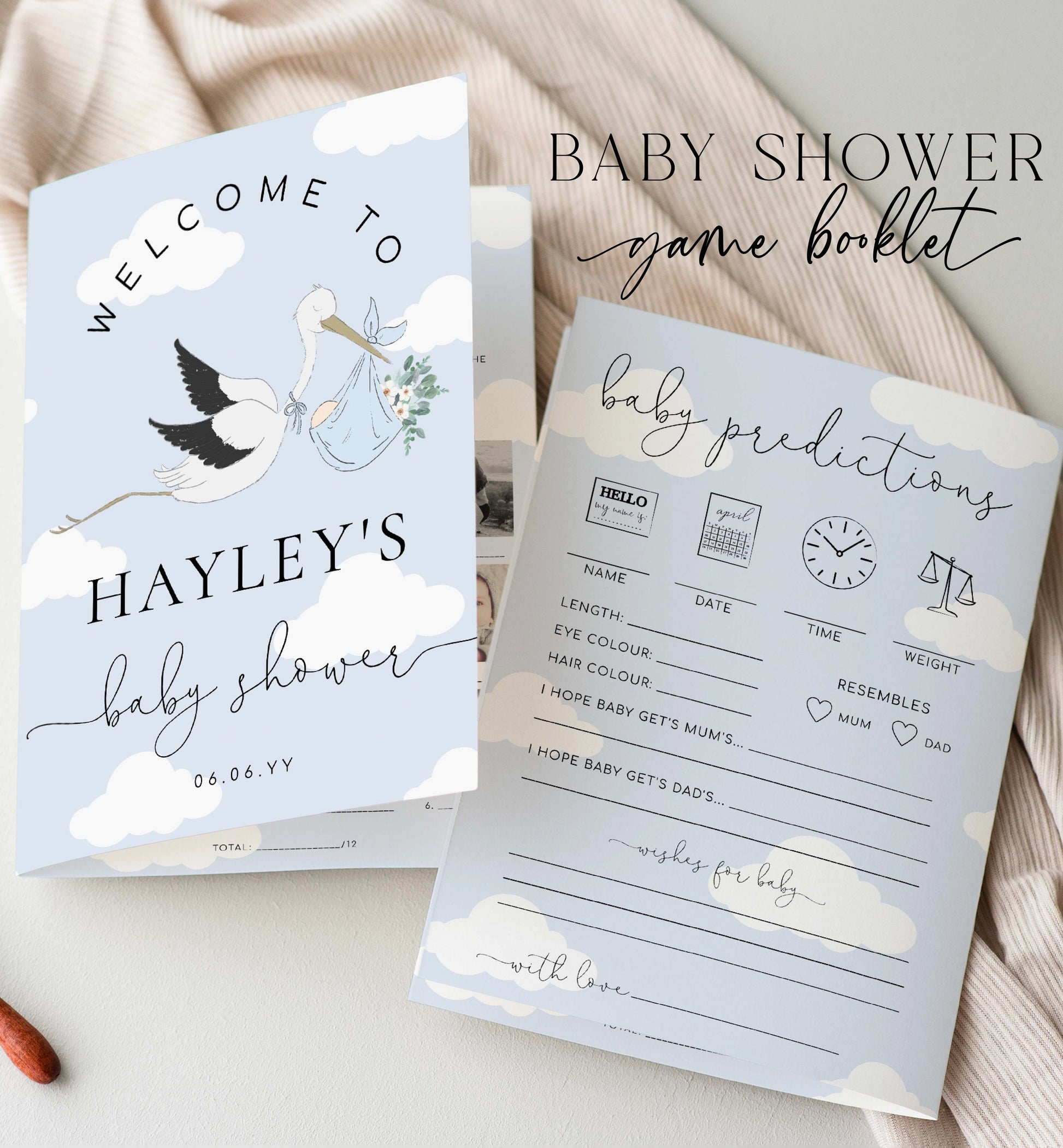 Printable Baby Shower Games Booklet, Baby Photo Game, Baby Predications Game, Couples Trivia, Boy Baby Shower Games, Blue Stork Baby Shower