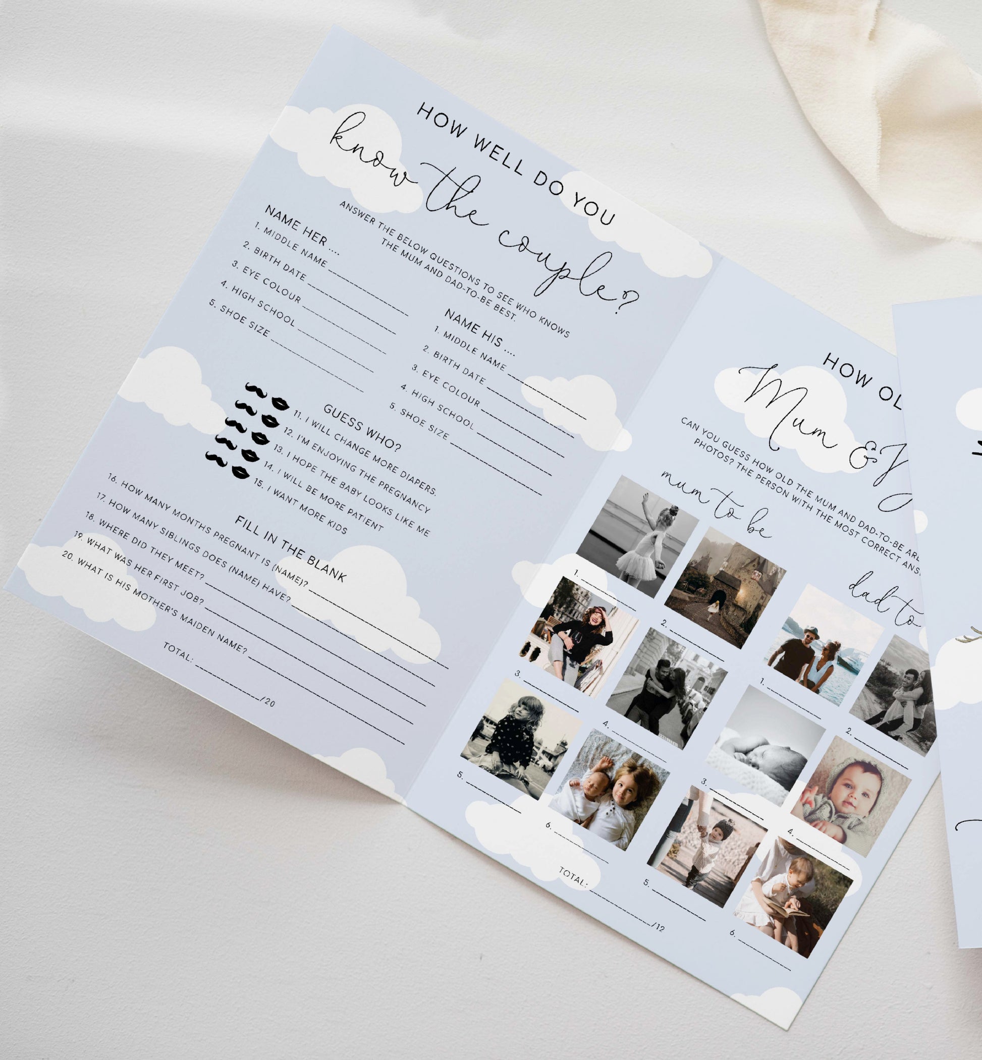 Printable Baby Shower Games Booklet, Baby Photo Game, Baby Predications Game, Couples Trivia, Boy Baby Shower Games, Blue Stork Baby Shower