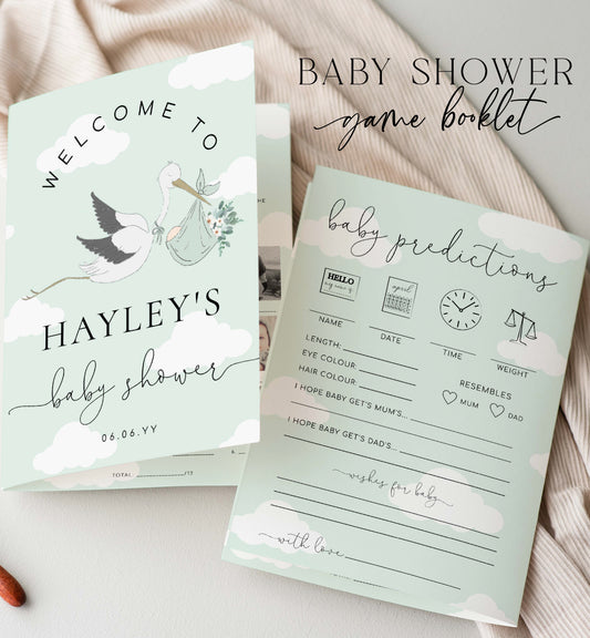 Printable Baby Shower Games Booklet, Baby Photo Game, Baby Predications Game, Couples Trivia, Gender Neutral Baby Shower Games, Green Stork