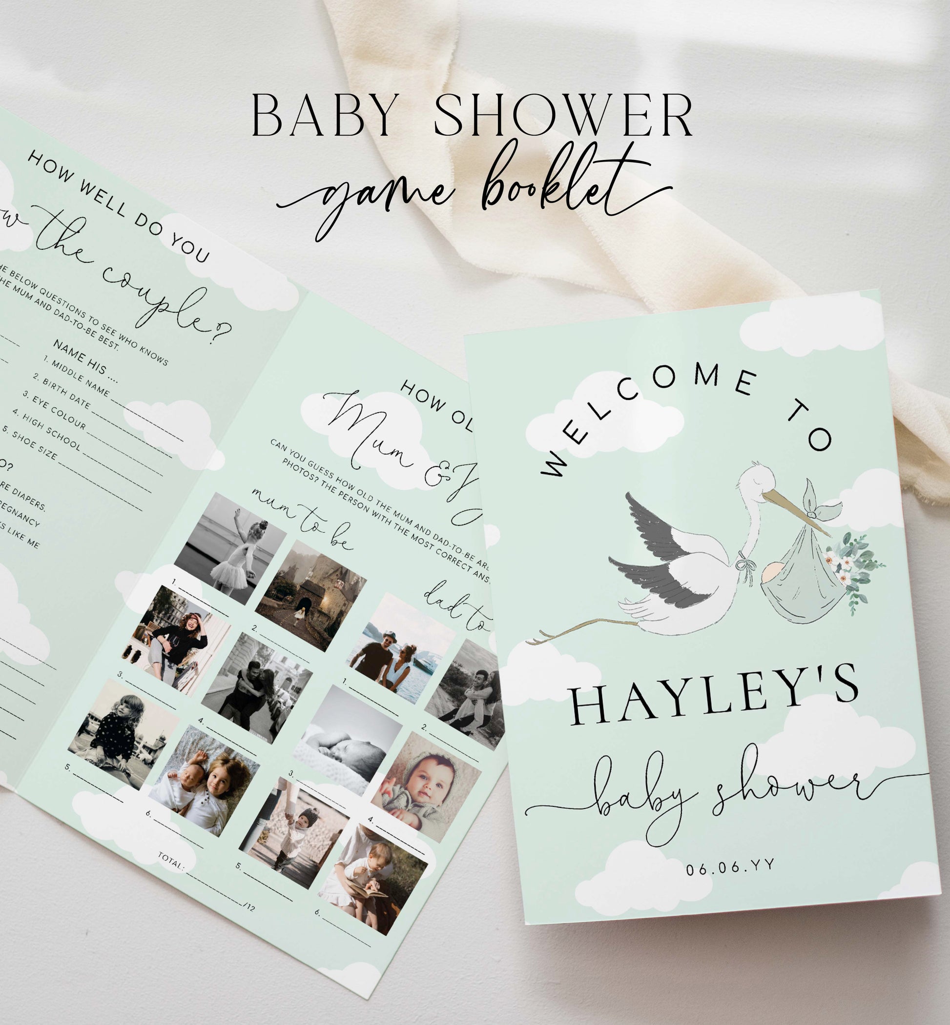 Printable Baby Shower Games Booklet, Baby Photo Game, Baby Predications Game, Couples Trivia, Gender Neutral Baby Shower Games, Green Stork