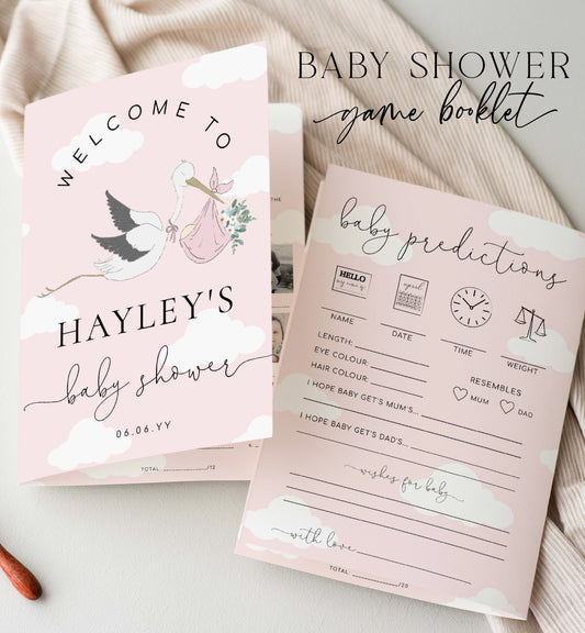 Printable Baby Shower Games Booklet, Baby Photo Game, Baby Predications Game, Couples Trivia, Pink Baby Shower Games, Pink Stork Baby Shower