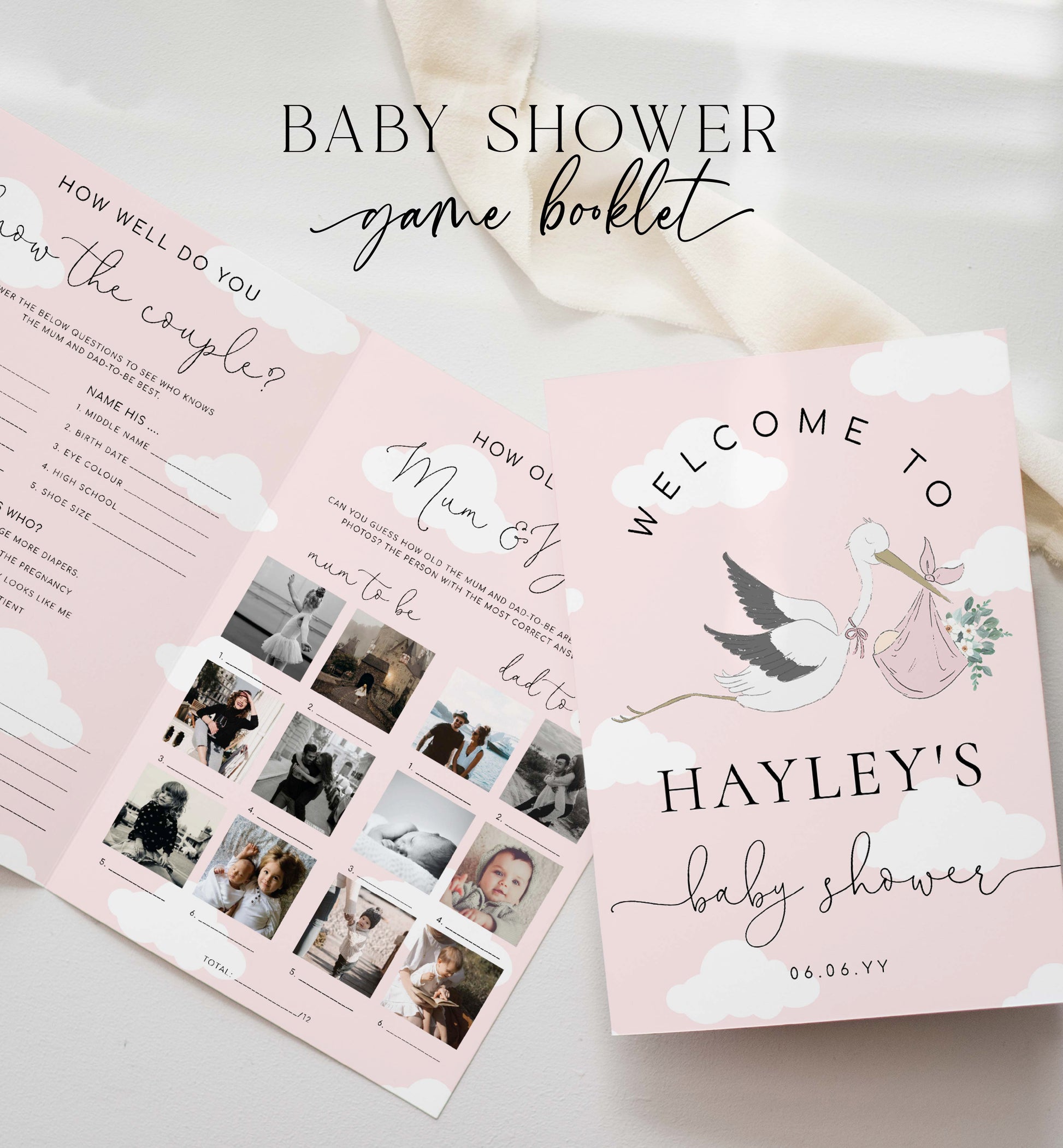 Printable Baby Shower Games Booklet, Baby Photo Game, Baby Predications Game, Couples Trivia, Pink Baby Shower Games, Pink Stork Baby Shower