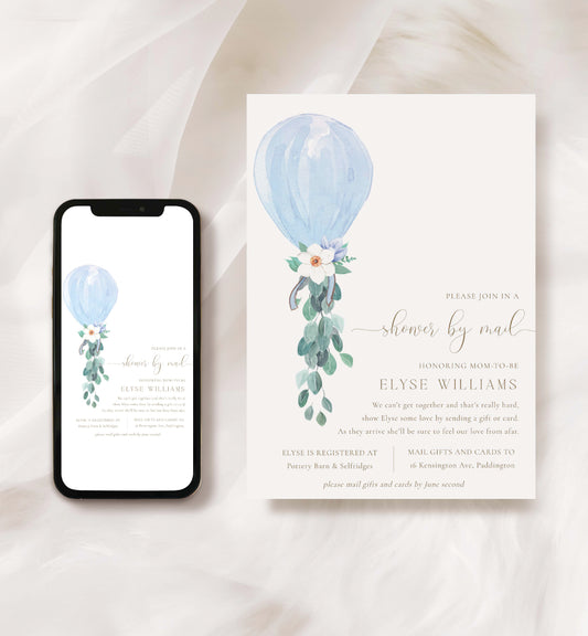 Shower By Mail Printable Invitation Template, Blue Balloon Boy Long Distance Baby Shower, Editable Baby Shower Invitation, Darlington