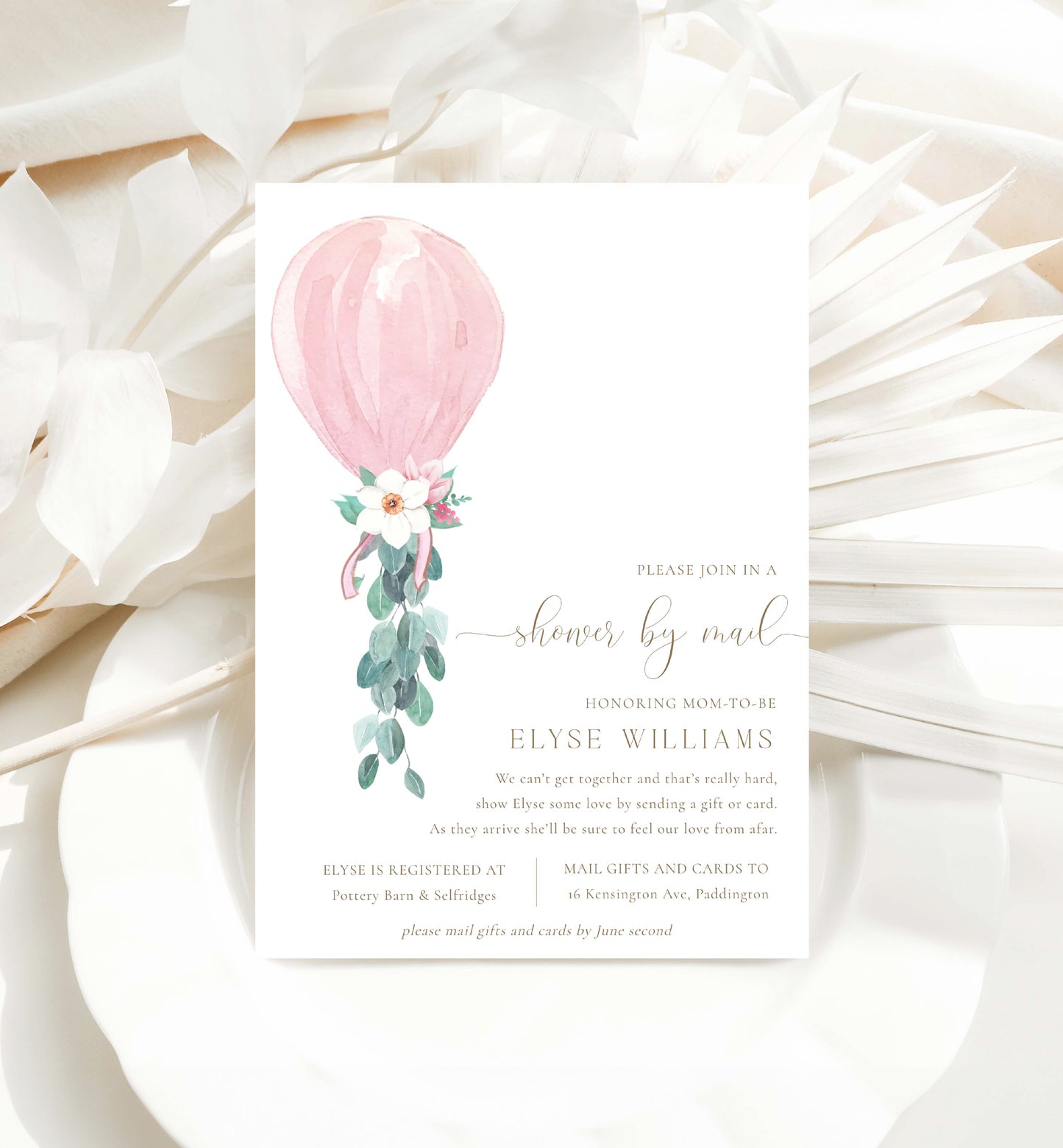 Shower By Mail Printable Invitation Template, Pink Balloon Girl Long Distance Baby Shower, Editable Virtual Baby Shower Invite, Darlington