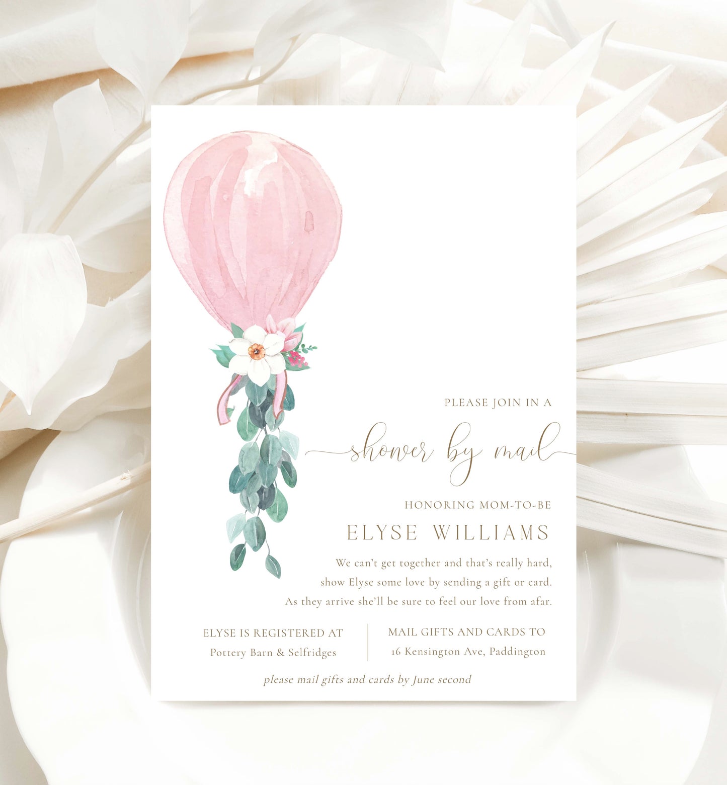 Shower By Mail Printable Invitation Template, Pink Balloon Girl Long Distance Baby Shower, Editable Virtual Baby Shower Invite, Darlington