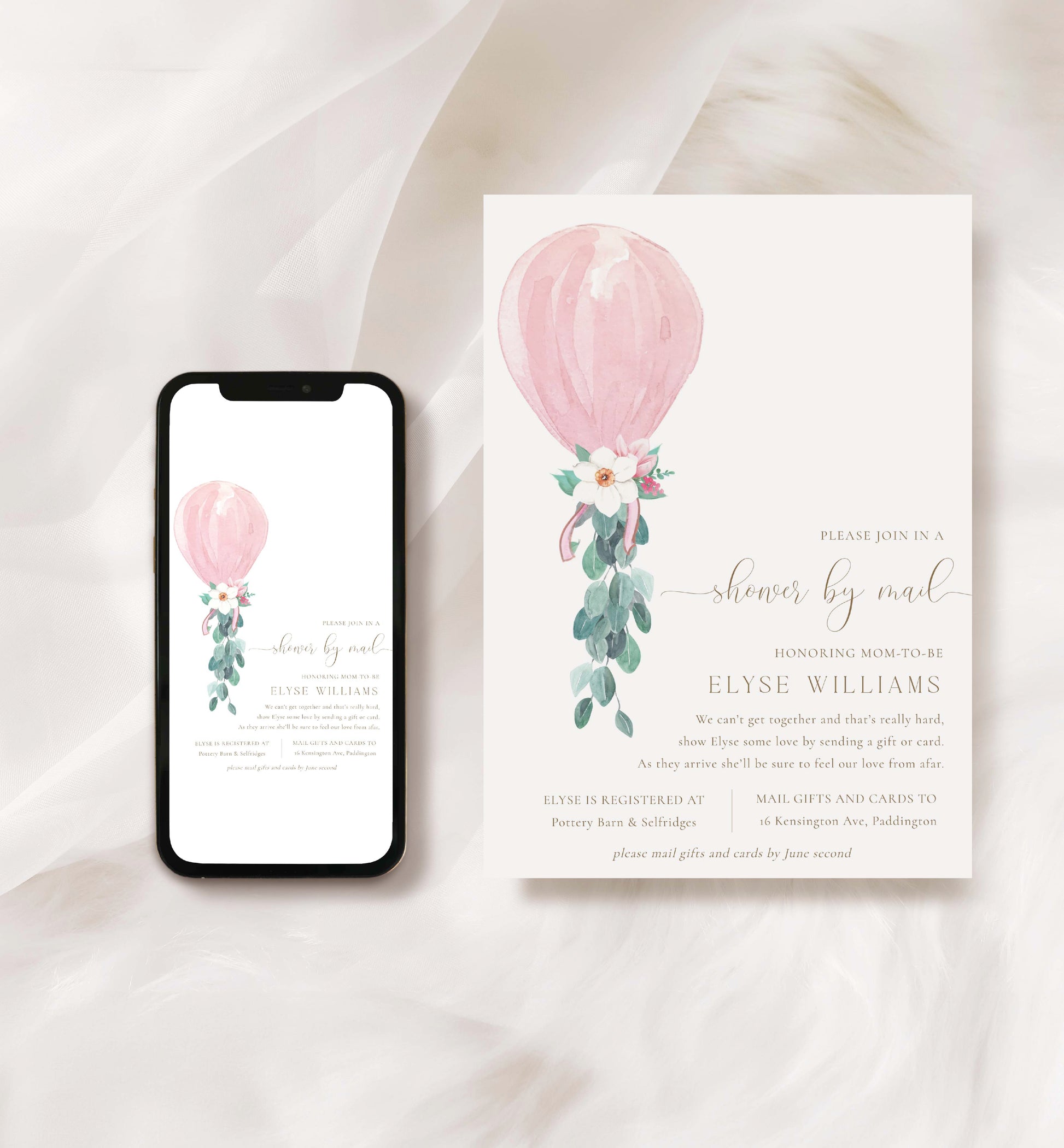 Shower By Mail Printable Invitation Template, Pink Balloon Girl Long Distance Baby Shower, Editable Virtual Baby Shower Invite, Darlington