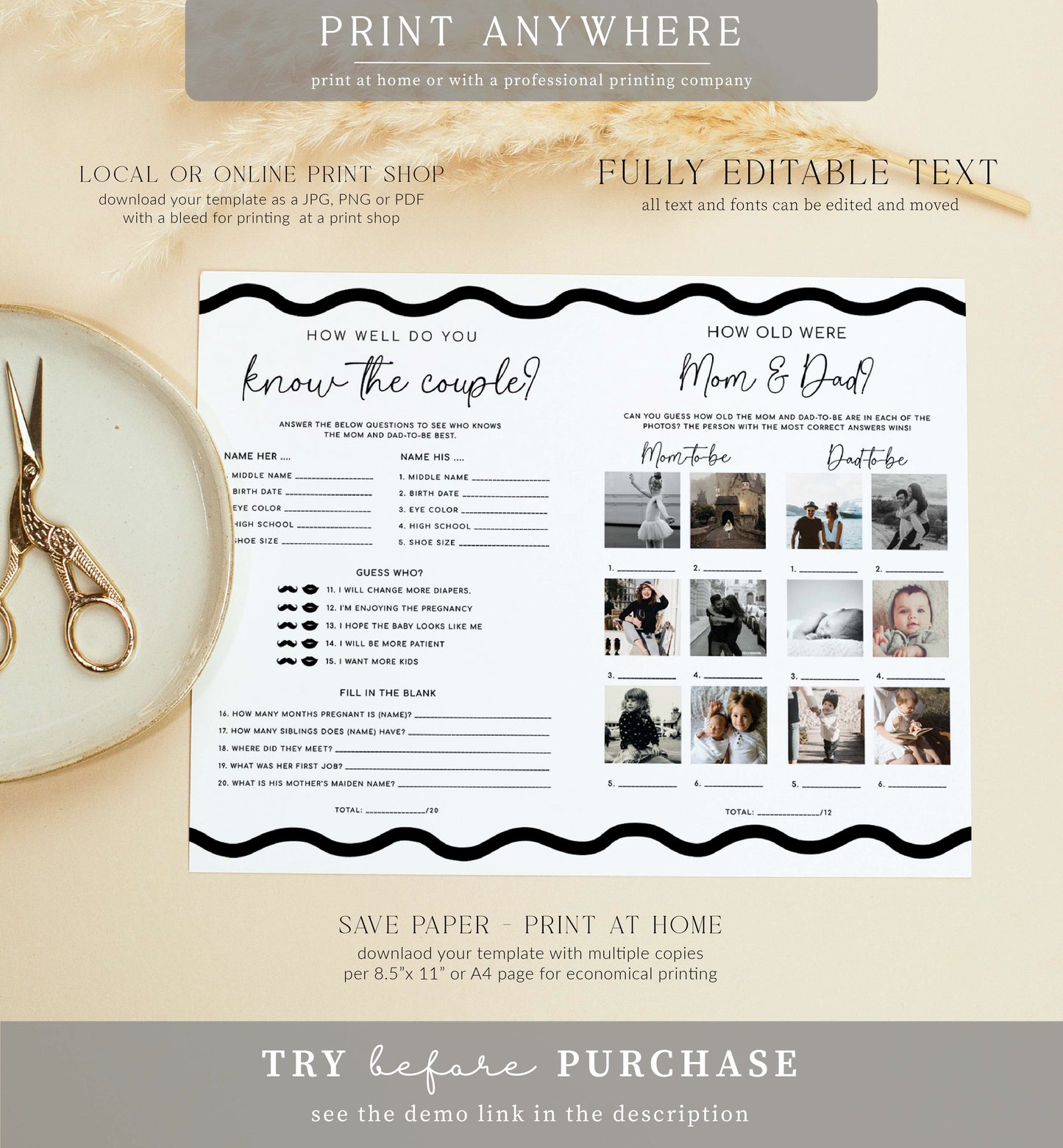 Wave White | Printable Baby Shower Game and Menu Booklet Template