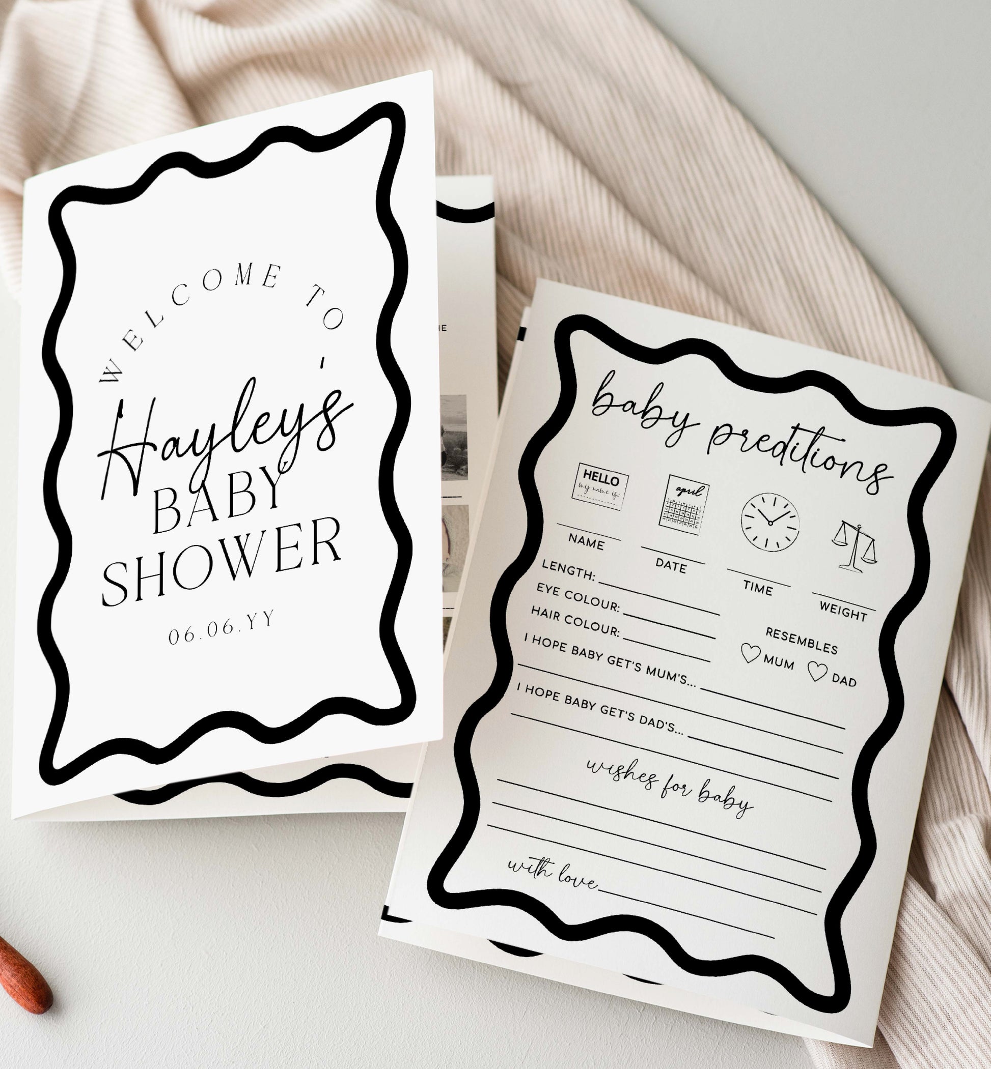 Modern Wavy Line Baby Shower Games Booklet, Gender Neutral Baby Shower Game, Printable Baby Predictions Game Template, Boy Baby Shower Games, Wave