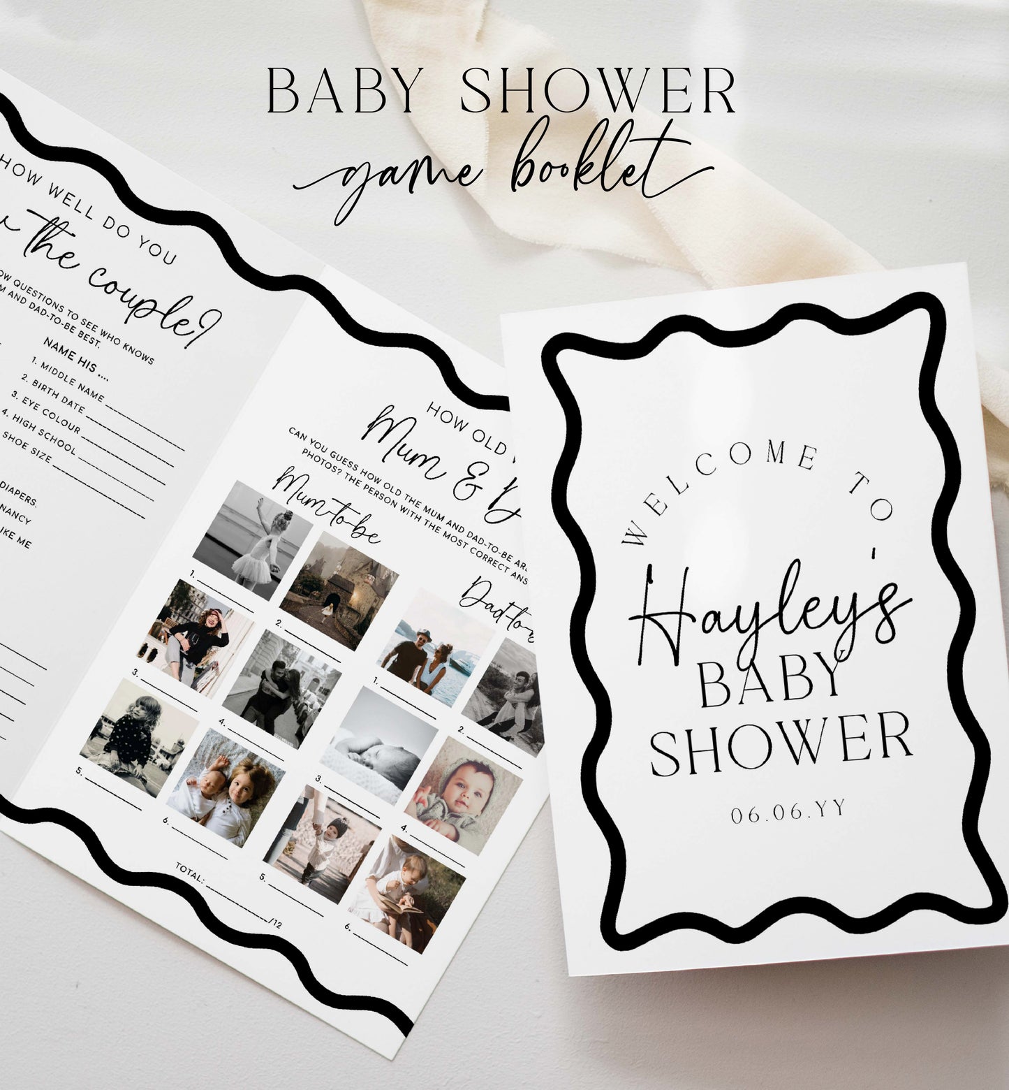 Modern Wavy Line Baby Shower Games Booklet, Gender Neutral Baby Shower Game, Printable Baby Predictions Game Template, Boy Baby Shower Games, Wave