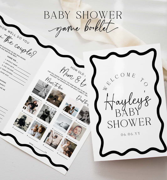 Modern Wavy Line Baby Shower Games Booklet, Gender Neutral Baby Shower Game, Printable Baby Predictions Game Template, Boy Baby Shower Games, Wave