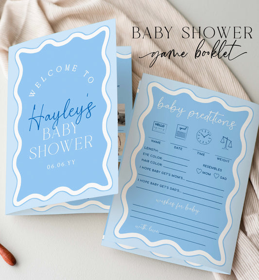 Blue Wavy Baby Shower Games Booklet, Modern Wavy Line Baby Shower Game, Printable Baby Predictions Template, Boy Baby Shower Games, Wave
