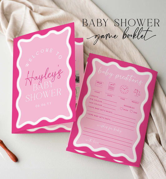 Hot Pink Wavy Baby Shower Games Booklet, Modern Wavy Line Baby Shower Game, Printable Baby Predictions Game, Girl Baby Shower Games, Wave