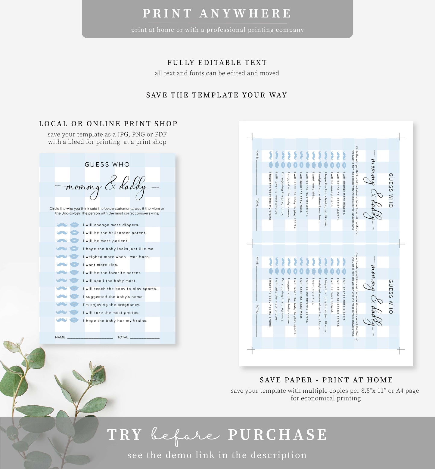 Gingham Blue | Printable Baby Shower Games Bundle Template