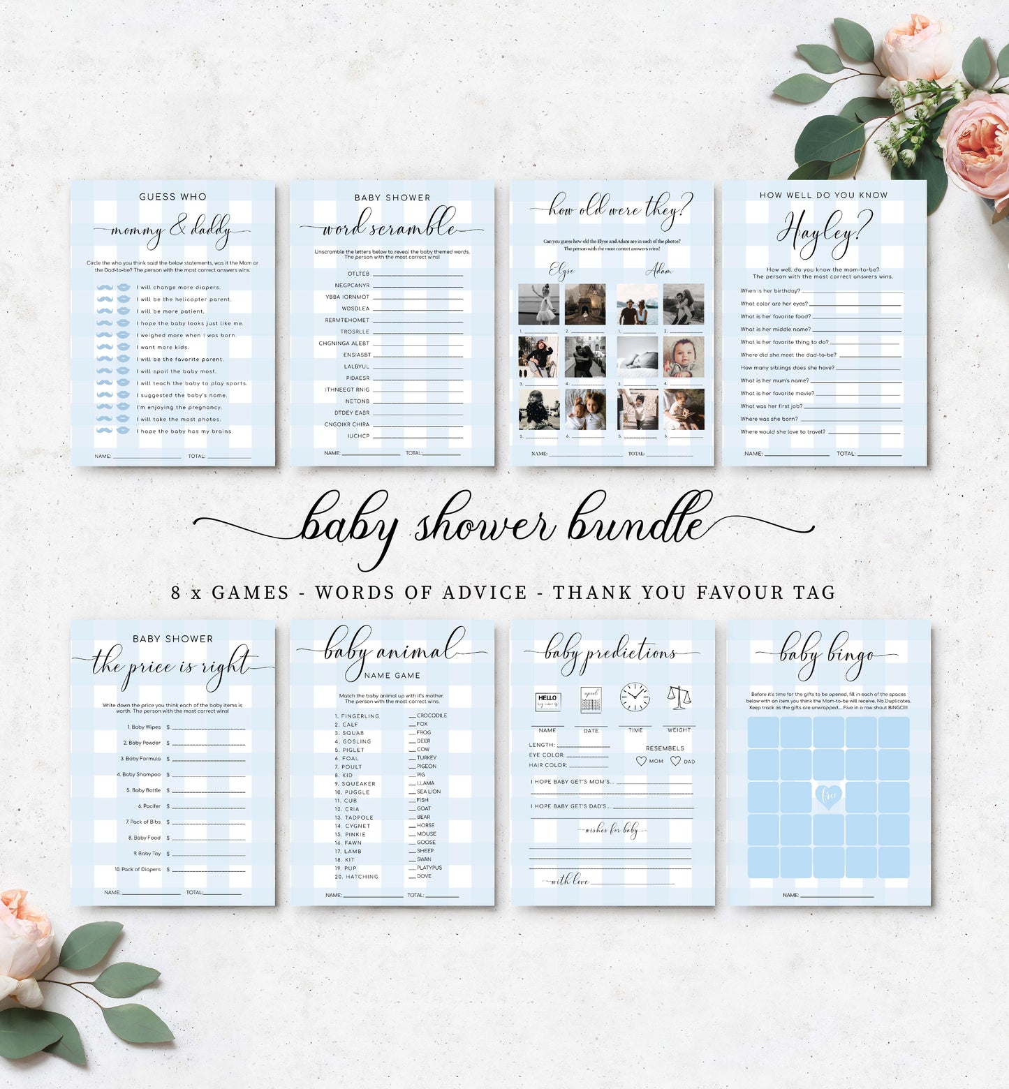 Gingham Blue | Printable Baby Shower Games Bundle Template