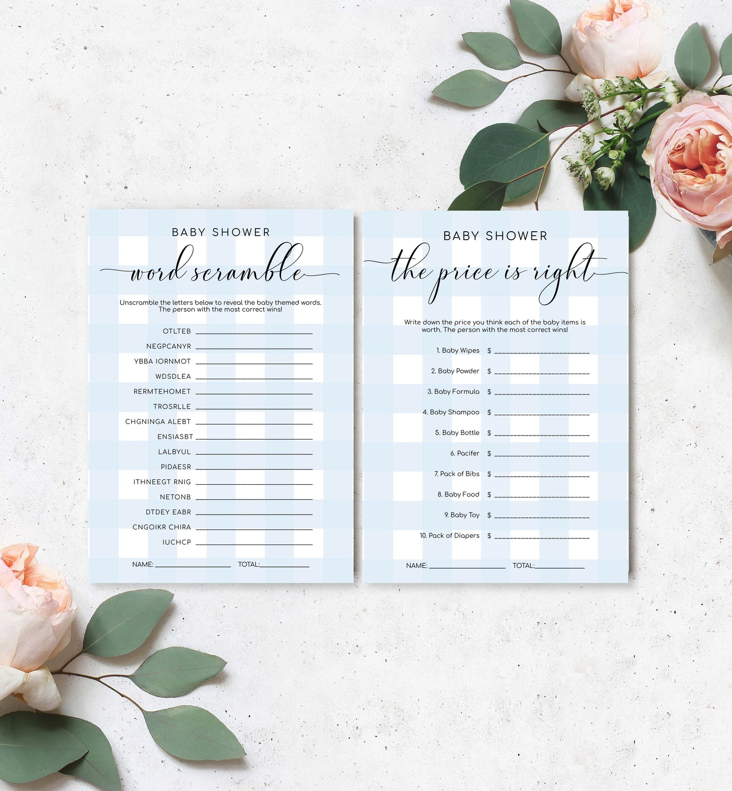 Gingham Blue | Printable Baby Shower Games Bundle Template