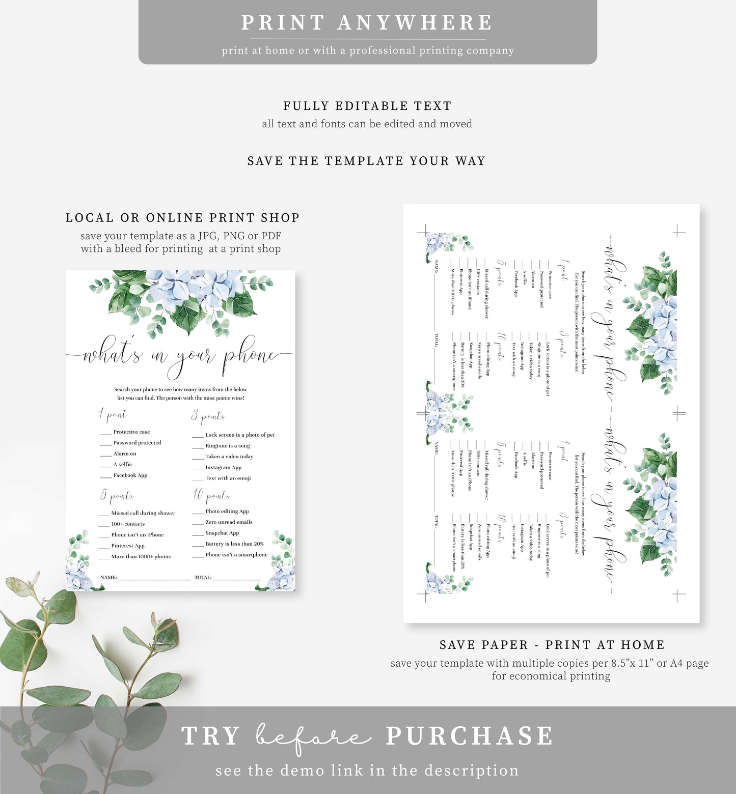 Ferras Blossom Blue | Printable Baby Shower Games Bundle Template