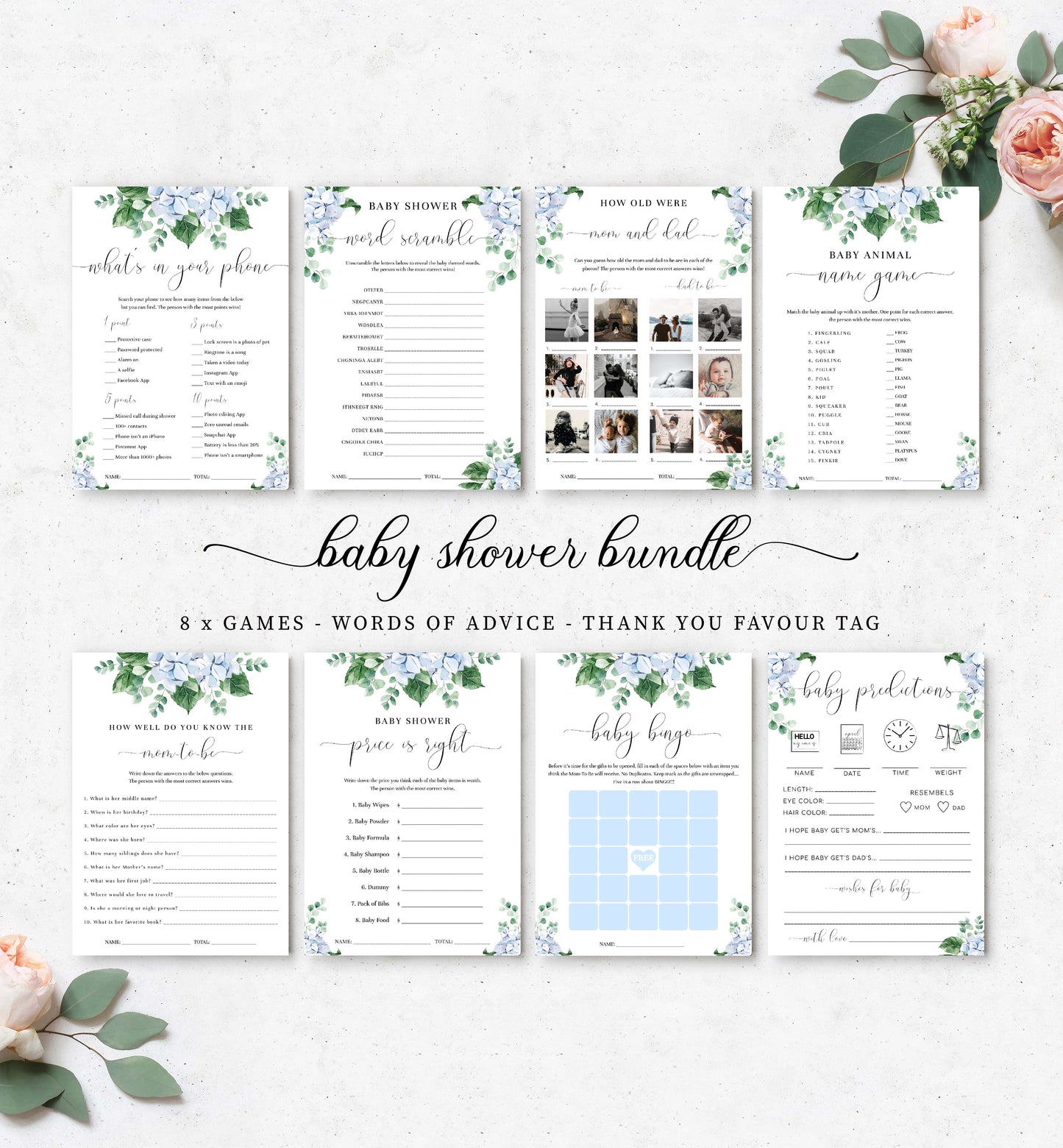 Ferras Blossom Blue | Printable Baby Shower Games Bundle Template