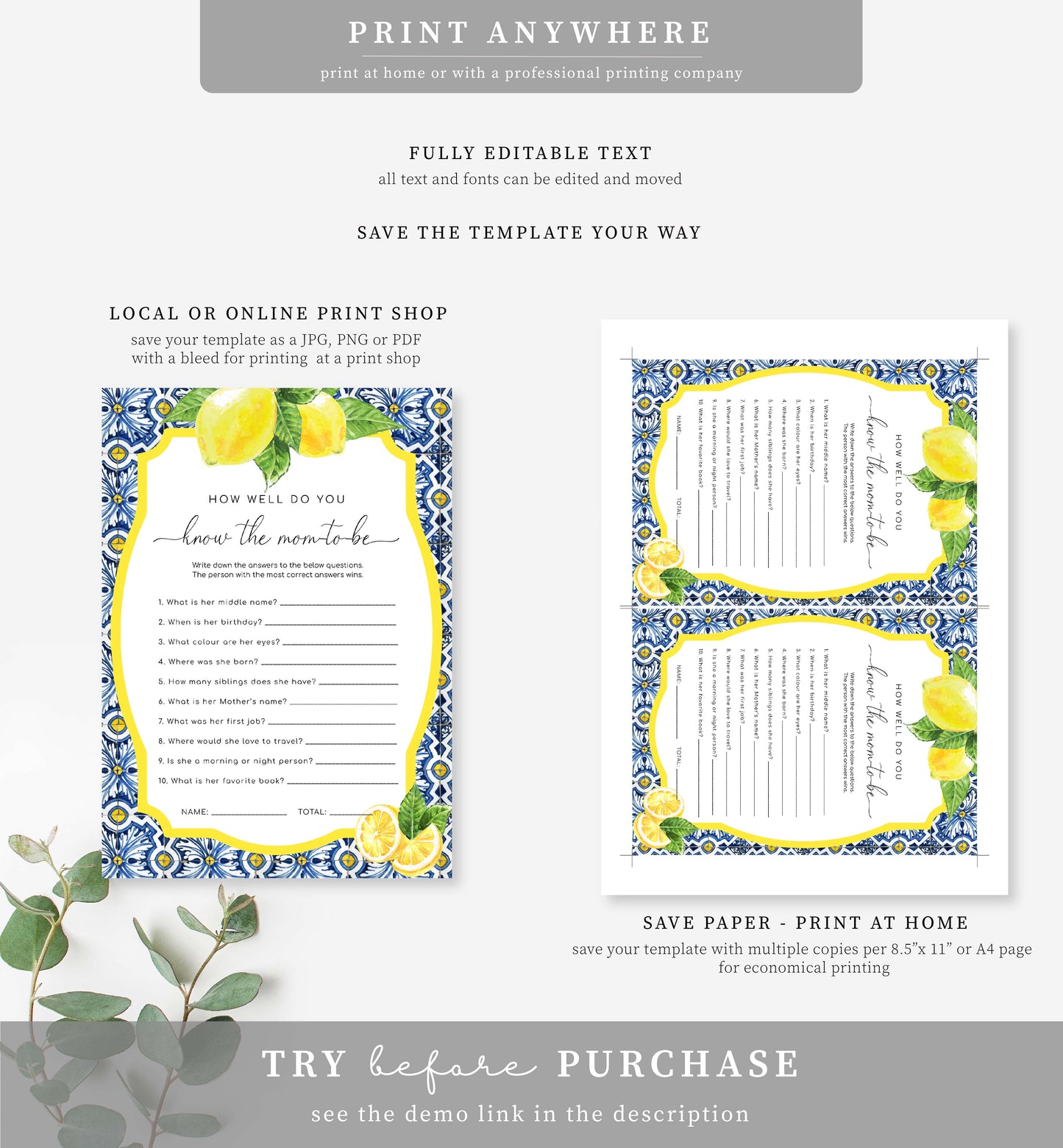 Positano Lemons | Printable Baby Shower Games Bundle Template