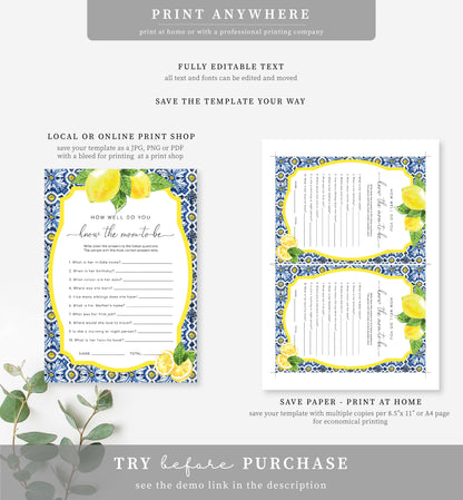 Positano Lemons | Printable Baby Shower Games Bundle Template
