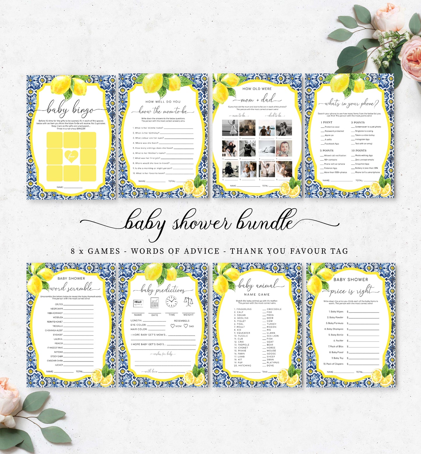 Positano Lemons | Printable Baby Shower Games Bundle Template