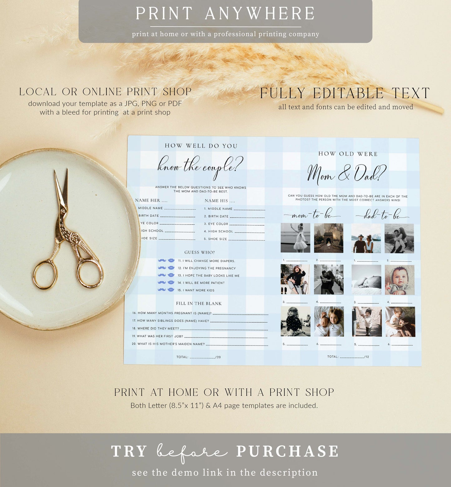 Gingham Blue | Printable Baby Shower Game and Menu Booklet Template