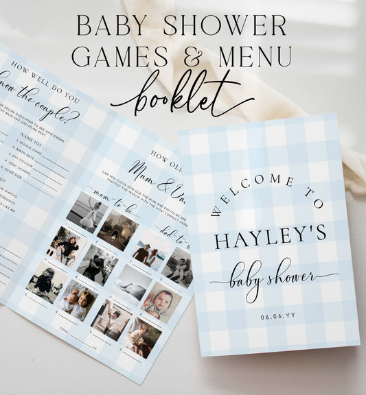 Blue Gingham Baby Shower Menu and Games Booklet, Printable Baby Shower Game, Printable Menu Template, Boy Baby Shower Games