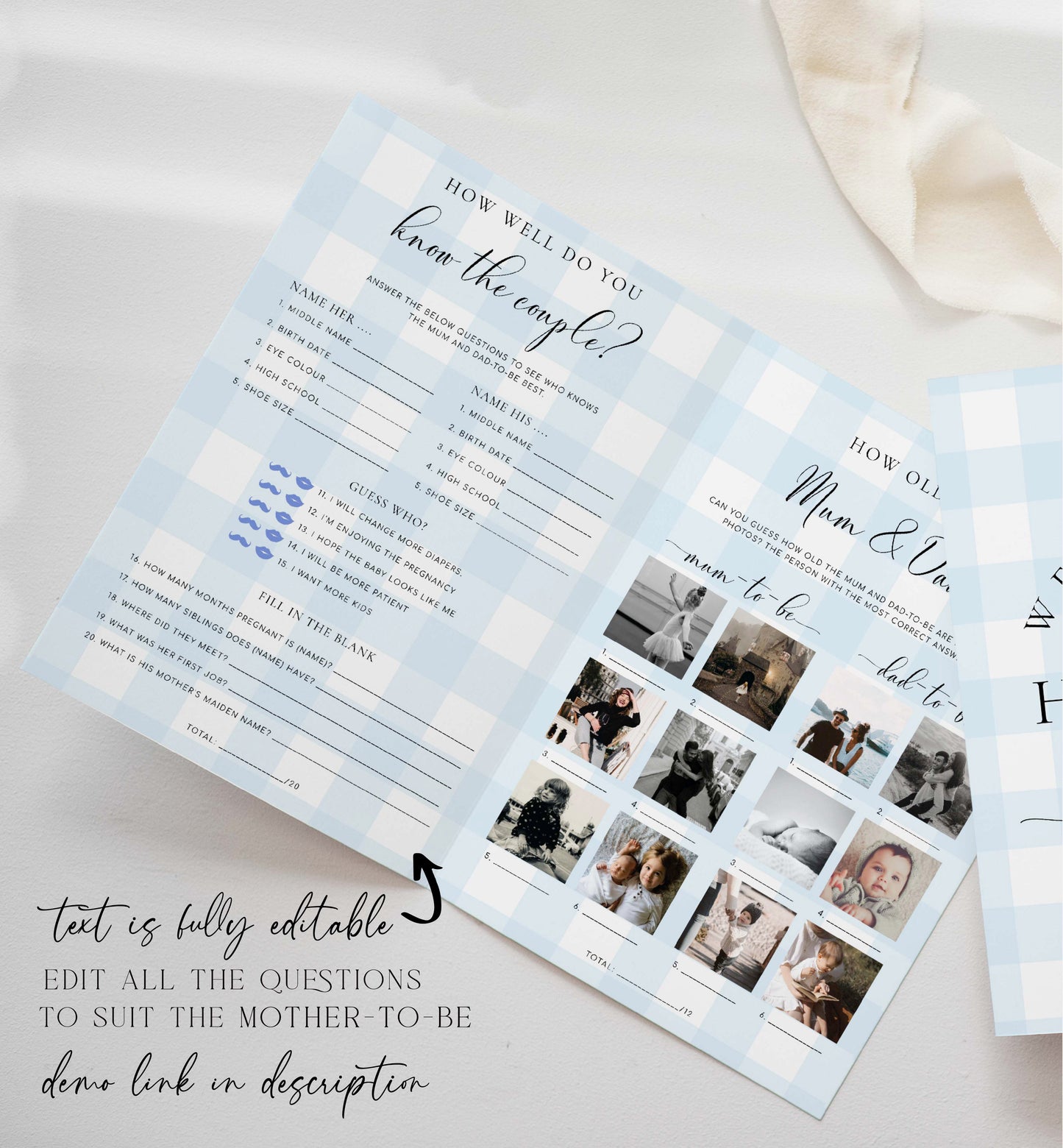 Gingham Blue | Printable Baby Shower Game and Menu Booklet Template