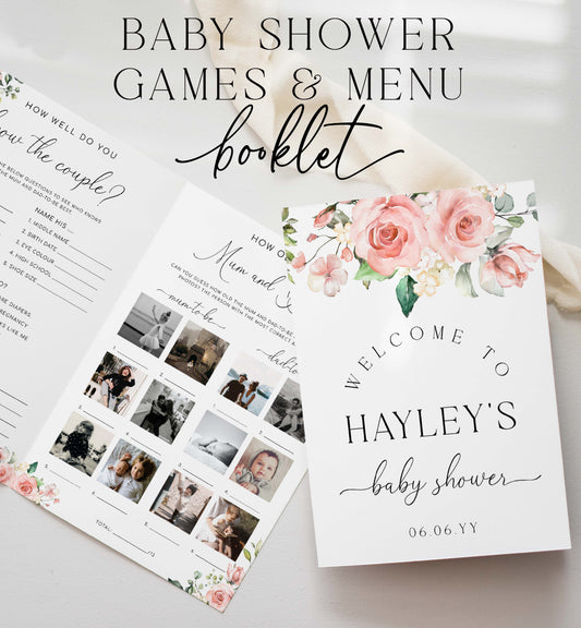Baby Shower Menu and Games Booklet, Spring Floral Printable Baby Shower Game, Printable Menu Template, Girl Baby Shower Games, Darcy