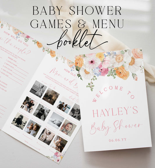 Baby Shower Menu and Games Booklet, Spring Floral Printable Baby Shower Game, Printable Menu Template, Girl Baby Shower Games, Millie