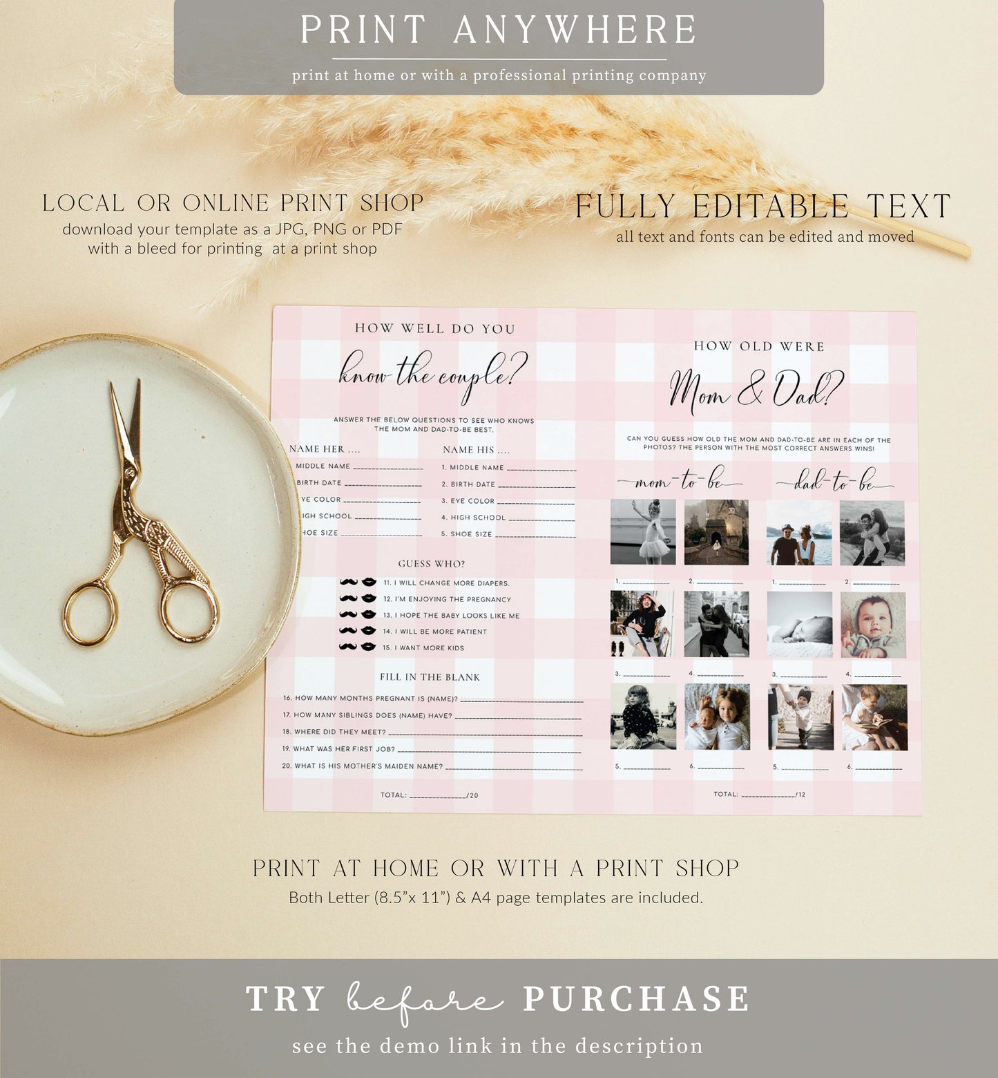 Gingham Pink | Printable Baby Shower Game and Menu Booklet Template