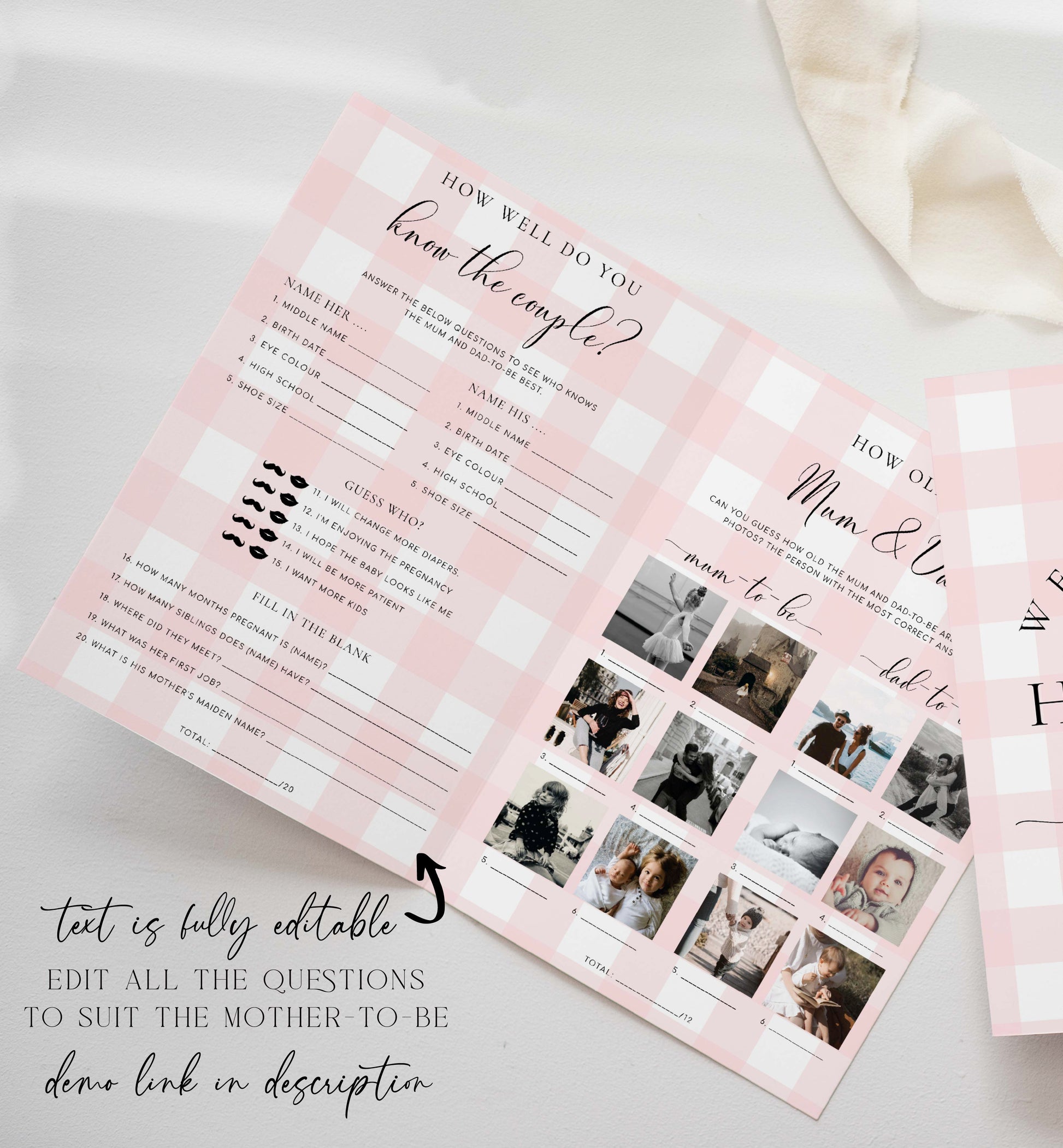 Pink Gingham Baby Shower Menu and Games Booklet, Printable Baby Shower Game, Printable Menu Template, Girl Baby Shower Games