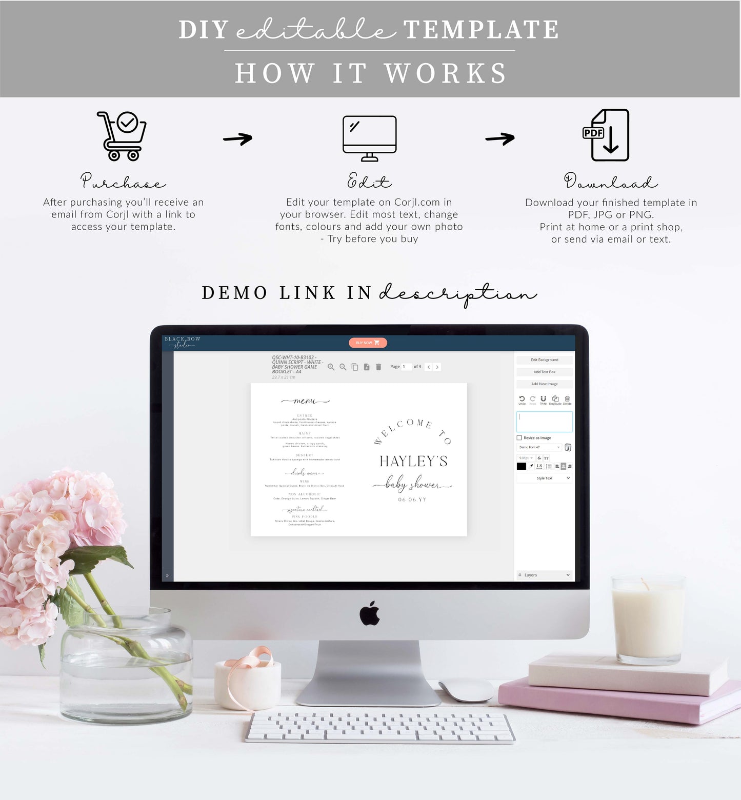 Quinn Script White | Printable Baby Shower Game and Menu Booklet Template