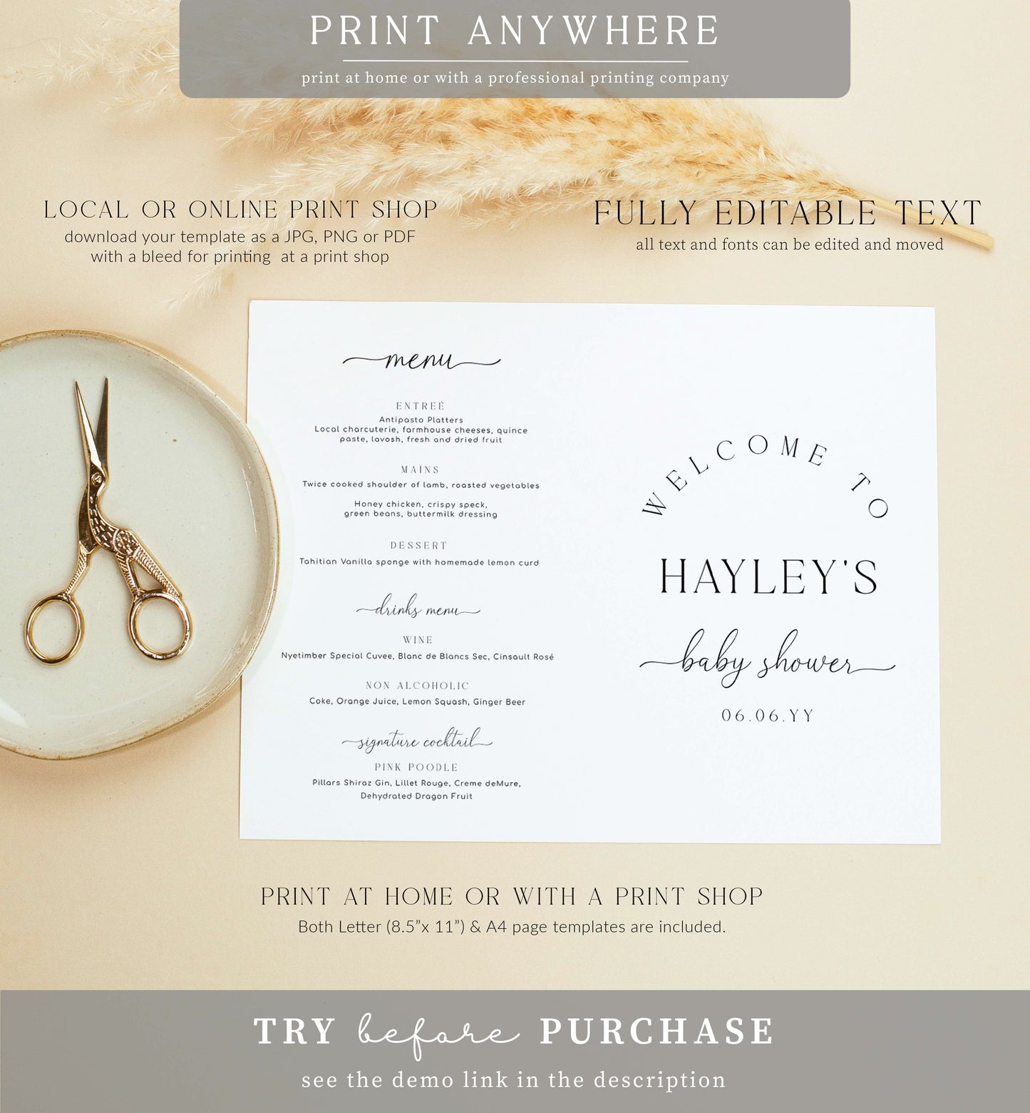 Quinn Script White | Printable Baby Shower Game and Menu Booklet Template