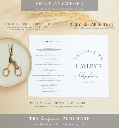 Quinn Script White | Printable Baby Shower Game and Menu Booklet Template