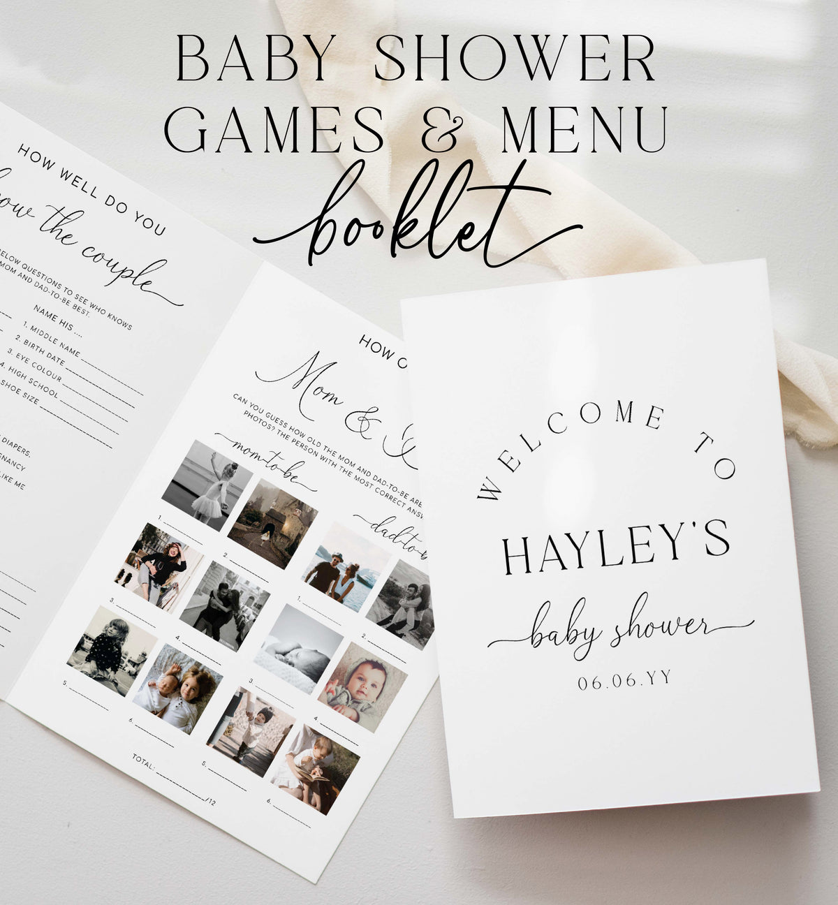 Quinn Script White | Printable Baby Shower Game and Menu Booklet Templ ...