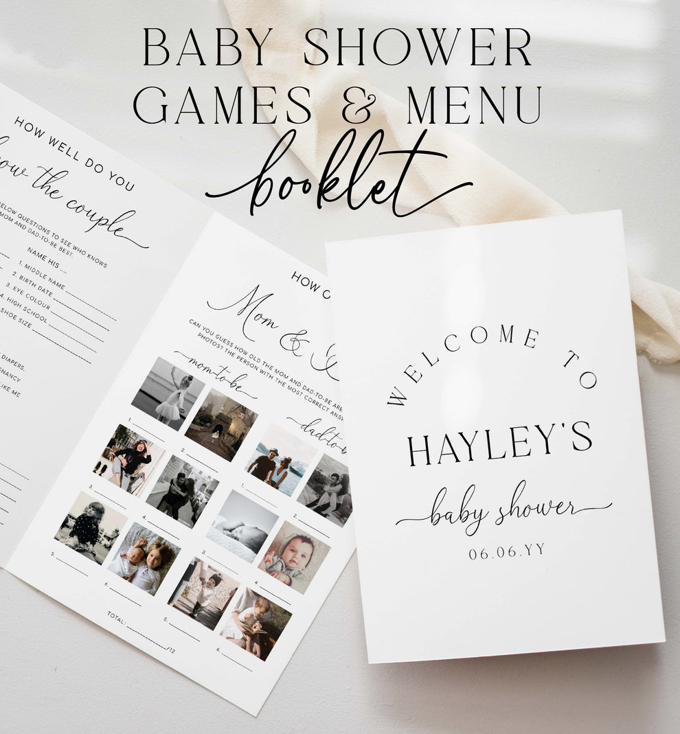 Quinn Script White | Printable Baby Shower Game and Menu Booklet Templ ...