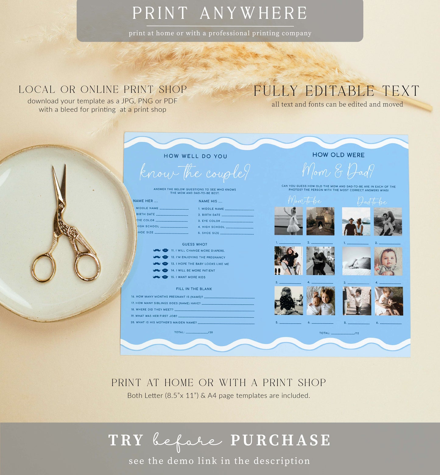 Wave Blue | Printable Baby Shower Game and Menu Booklet Template