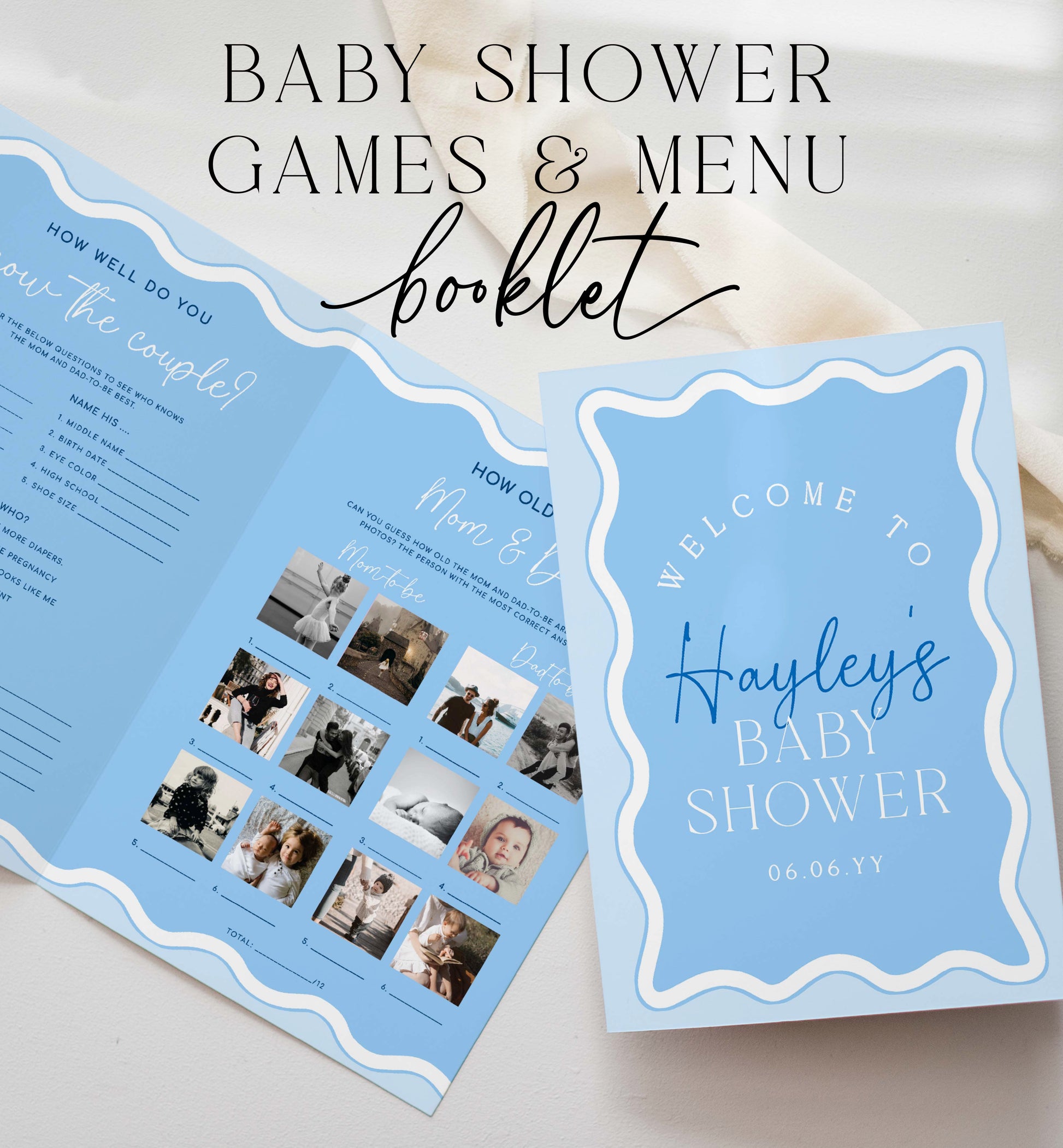 Blue Wavy Baby Shower Menu and Games Booklet, Modern Wavy Line Baby Shower Game, Printable Menu Template, Boy Baby Shower Games, Wave