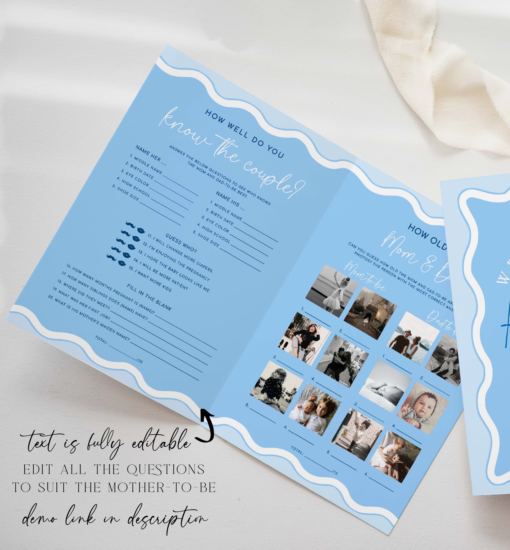 Blue Wavy Baby Shower Menu and Games Booklet, Modern Wavy Line Baby Shower Game, Printable Menu Template, Boy Baby Shower Games, Wave
