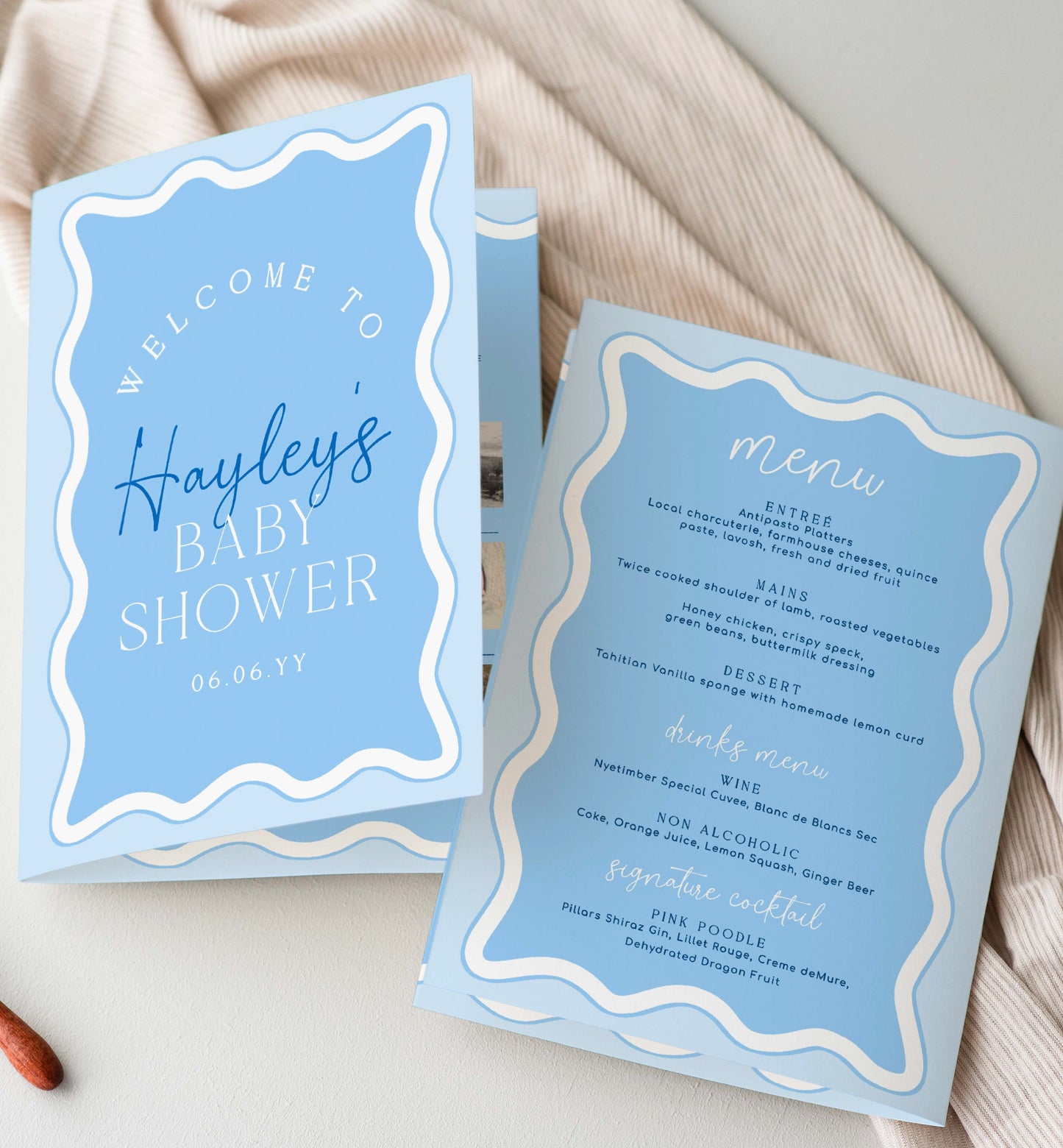 Blue Wavy Baby Shower Menu and Games Booklet, Modern Wavy Line Baby Shower Game, Printable Menu Template, Boy Baby Shower Games, Wave