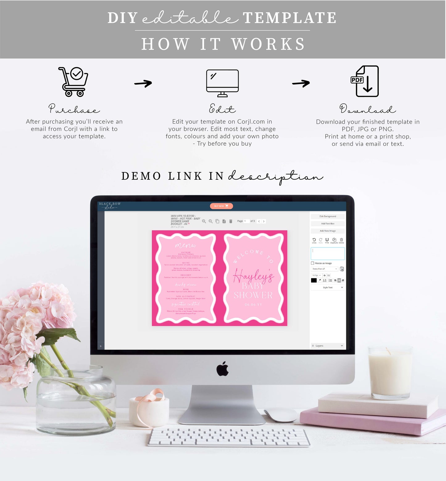 Wave Hot Pink | Printable Baby Shower Game and Menu Booklet Template