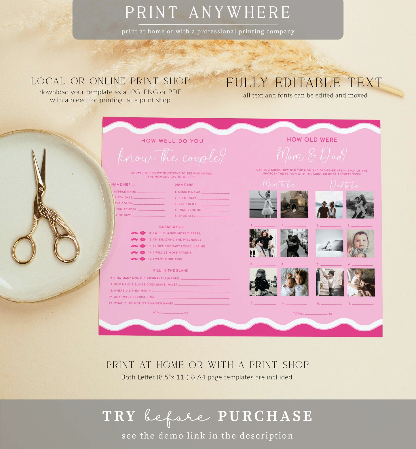 Wave Hot Pink | Printable Baby Shower Game and Menu Booklet Template