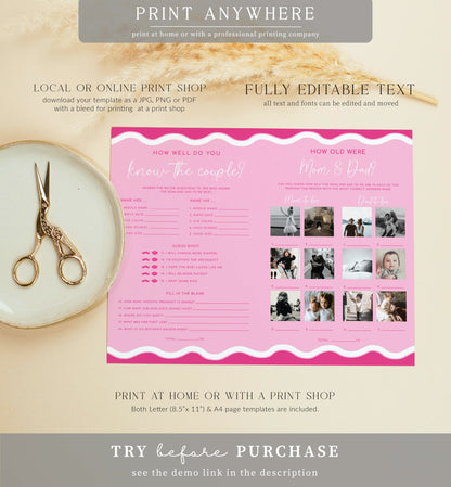Wave Hot Pink | Printable Baby Shower Game and Menu Booklet Template