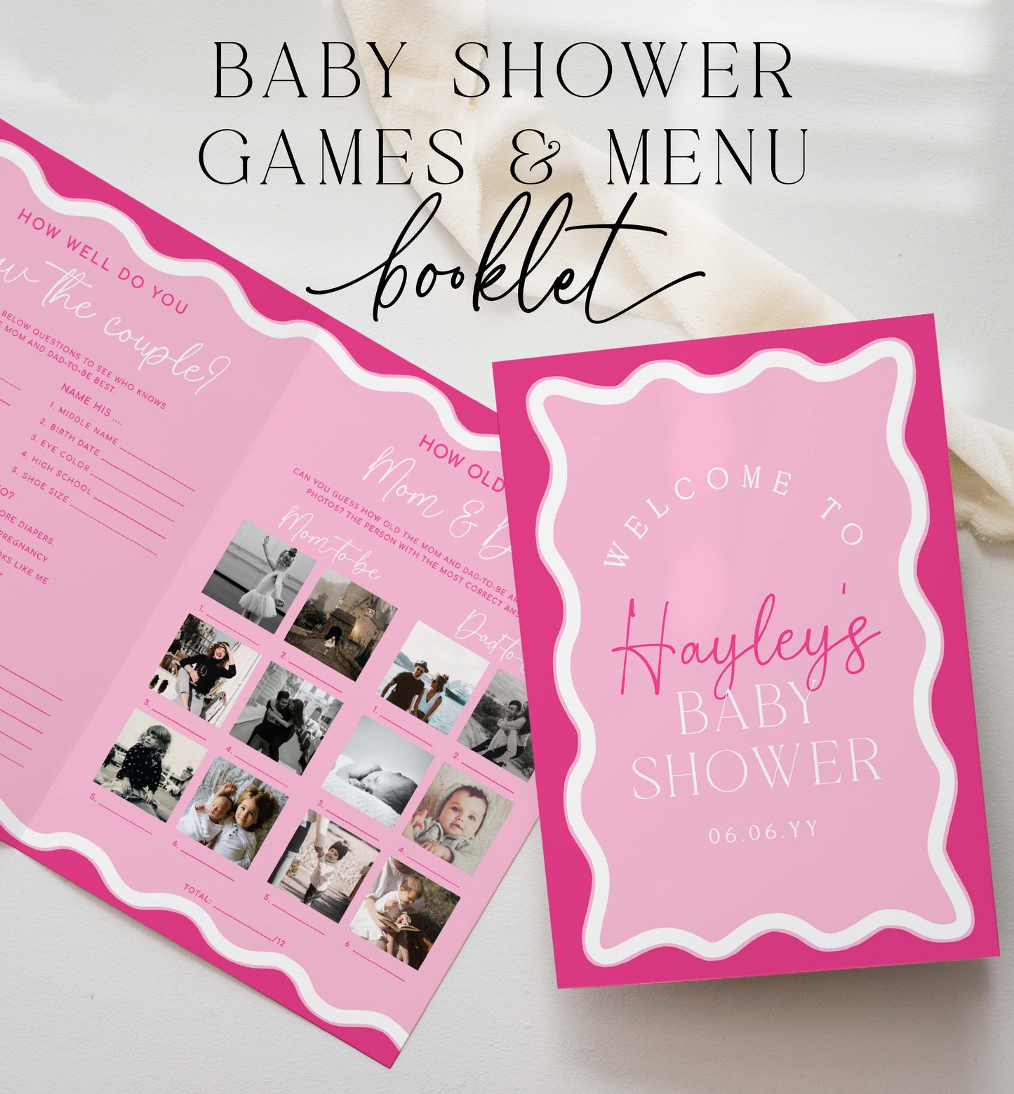 Hot Pink Wavy Baby Shower Menu and Games Booklet, Modern Wavy Line Baby Shower Game, Printable Menu Template, Girl Baby Shower Games, Wave