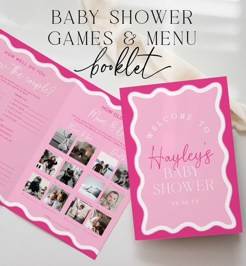 Wave Hot Pink | Printable Baby Shower Game and Menu Booklet Template ...