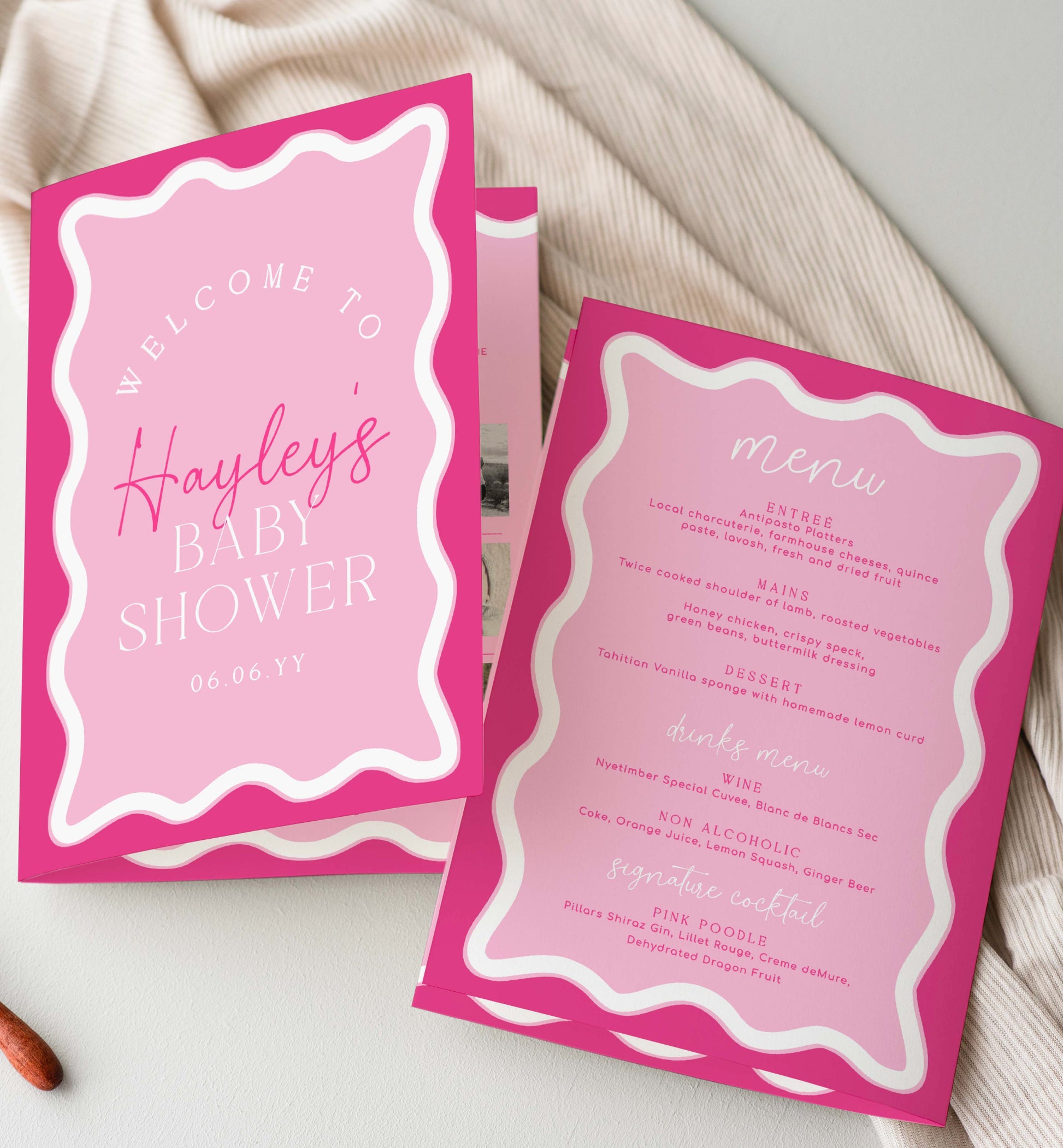 Hot Pink Wavy Baby Shower Menu and Games Booklet, Modern Wavy Line Baby Shower Game, Printable Menu Template, Girl Baby Shower Games, Wave