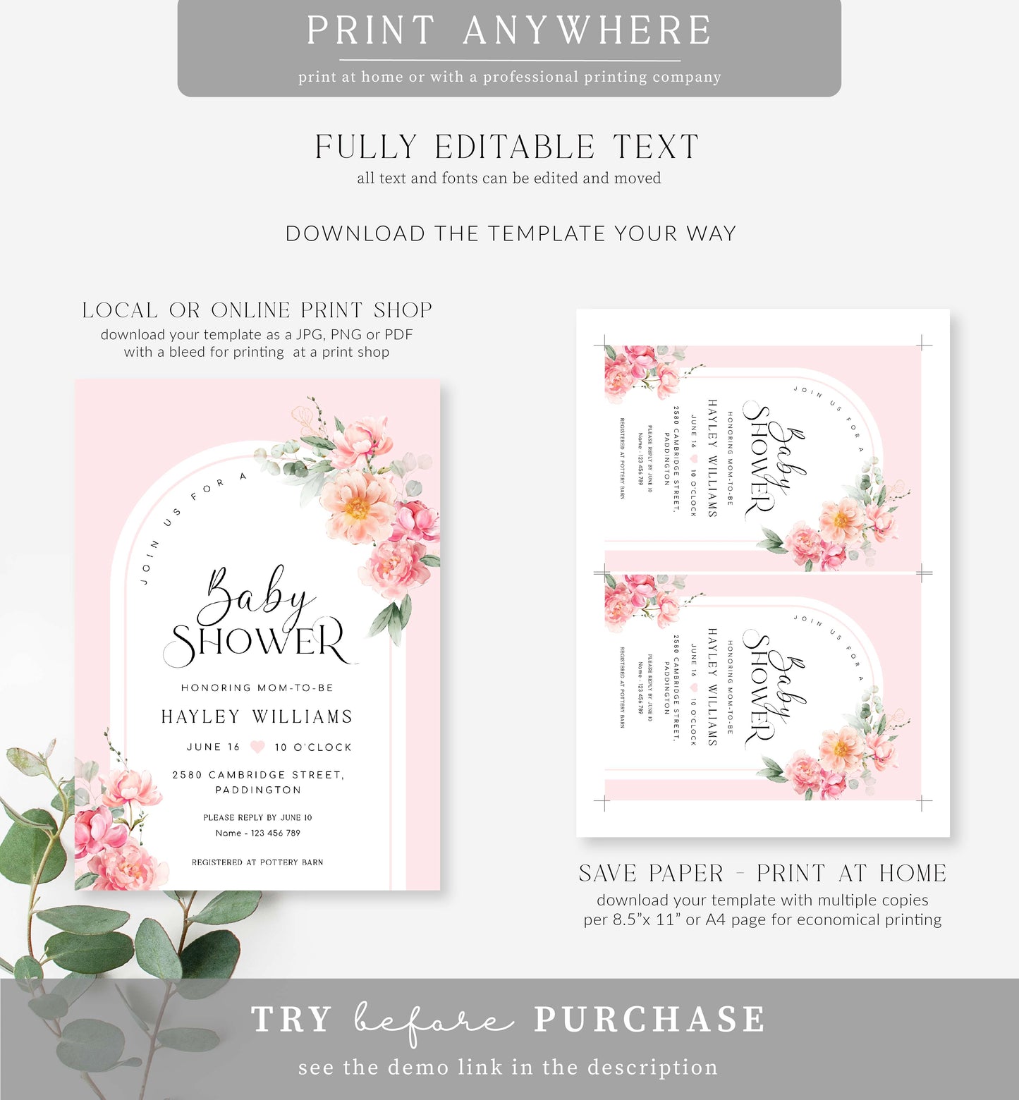 Piper Floral Pink | Printable Baby Shower Invitation Template