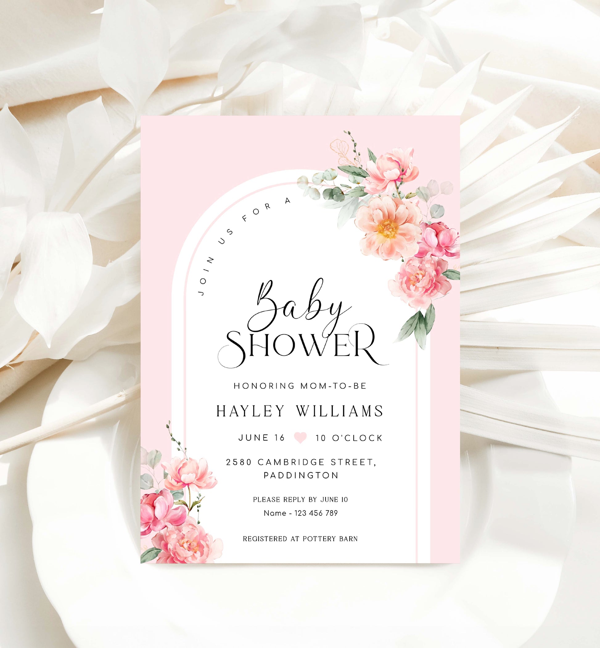 Printable Baby Shower Invitation Template, Editable Hot Pink Peony Baby Shower Arch Invitation, Spring Floral Girl Baby Shower Evite, Piper