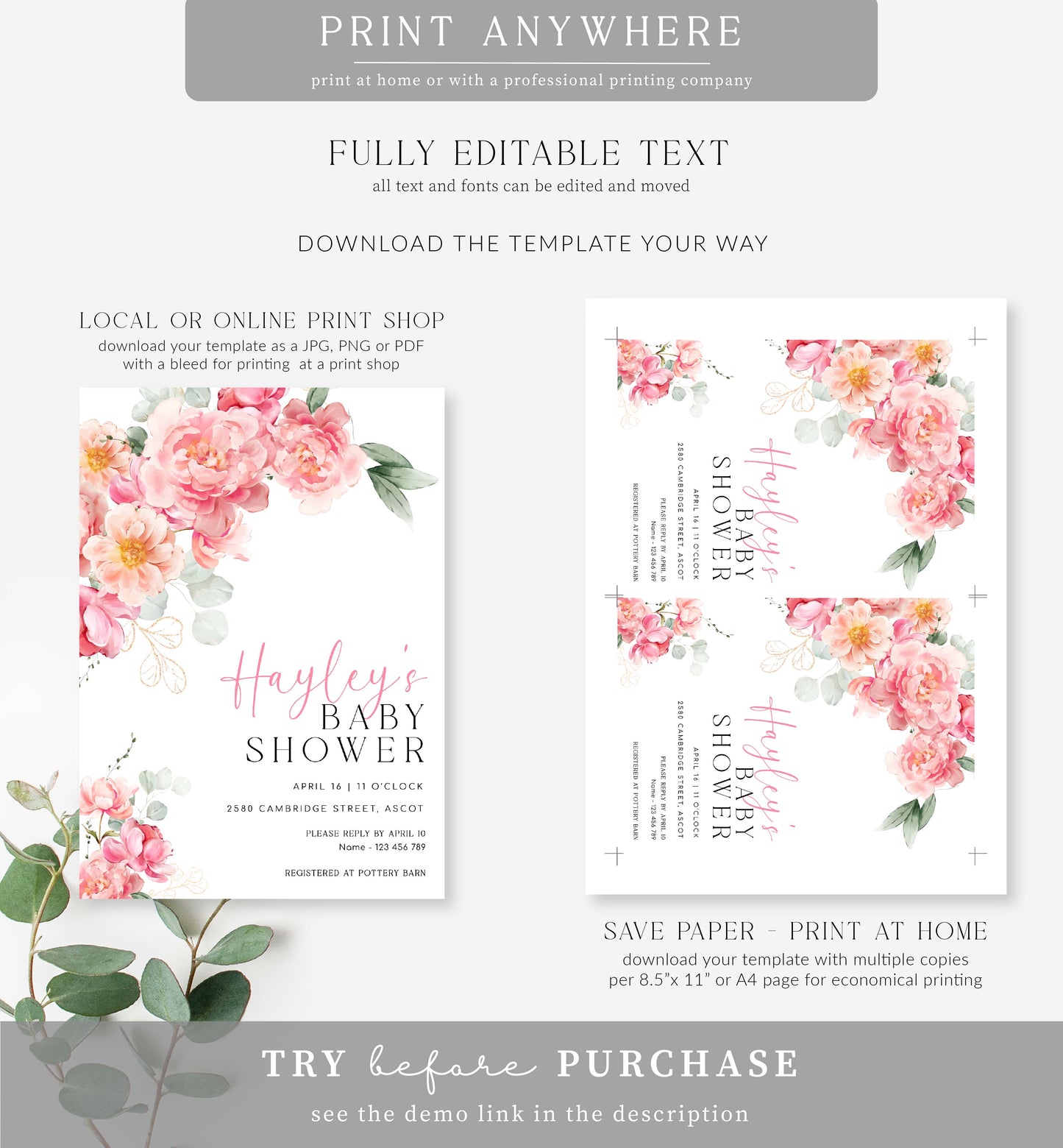 Piper Floral White | Printable Baby Shower Invitation Template