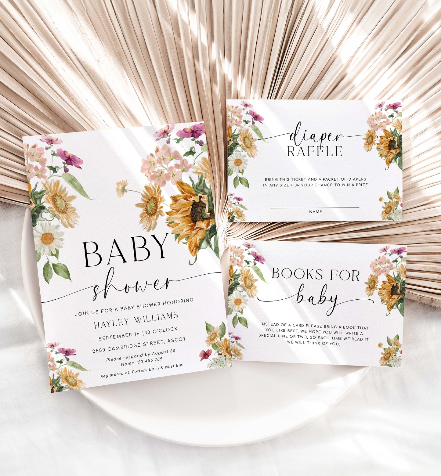 Printable Sunflower Fall Baby Shower Invitation, Book Request, Raffle Ticket, Autumn Floral Gender Neutral Baby Shower Invite, Mews Floral